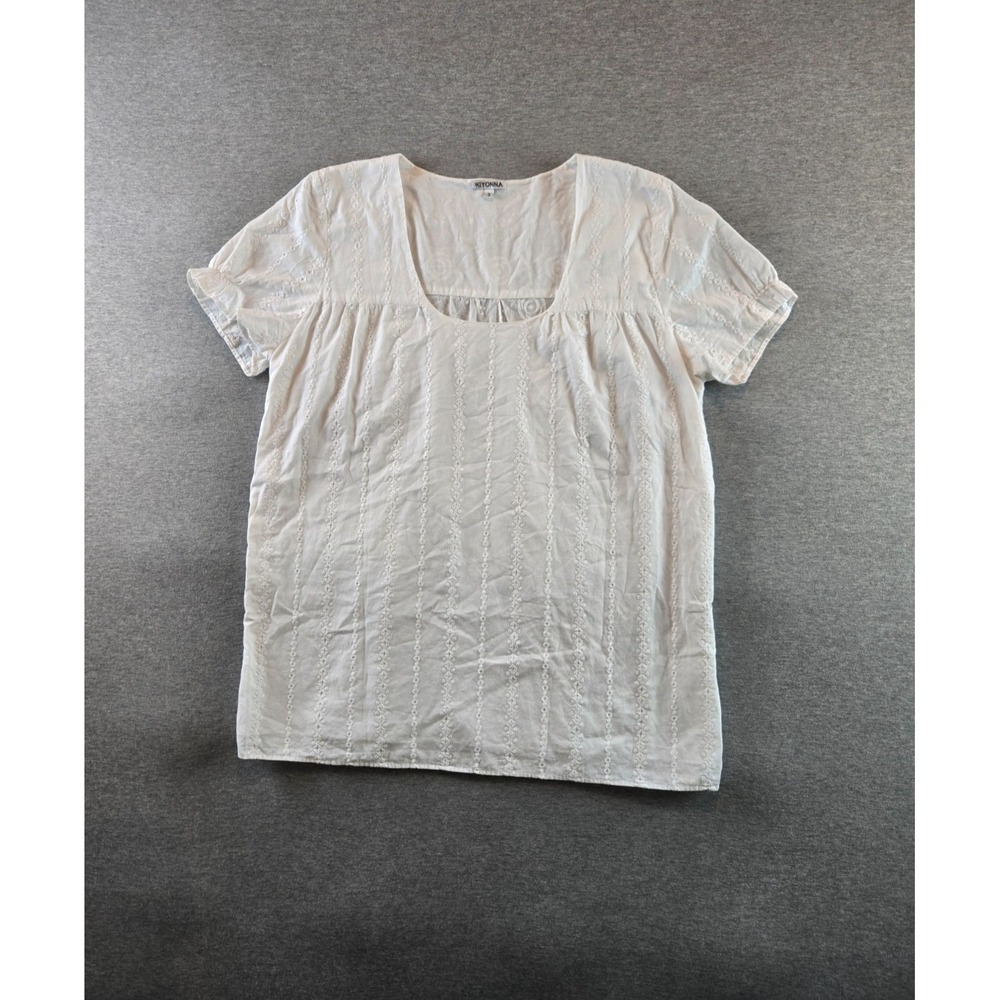 Kiyonna Top Womens 3‎ White Square Beck Embroidered Blouse Minimalist Lagenlook